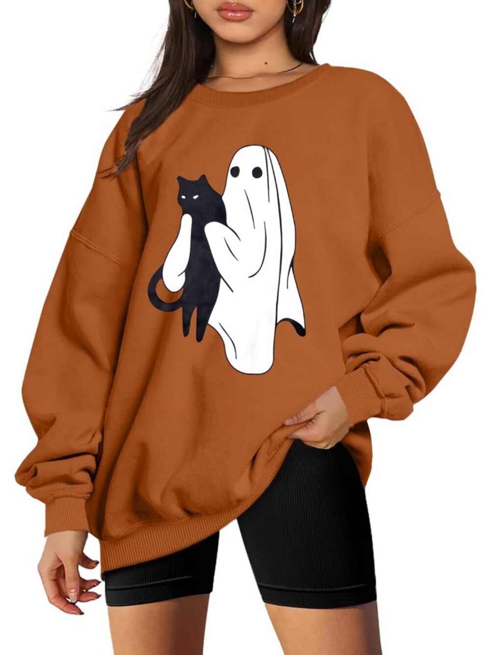 Women's Halloween Black Cat Ghost Oversized Sweatshirt Fall Spooky Sweater